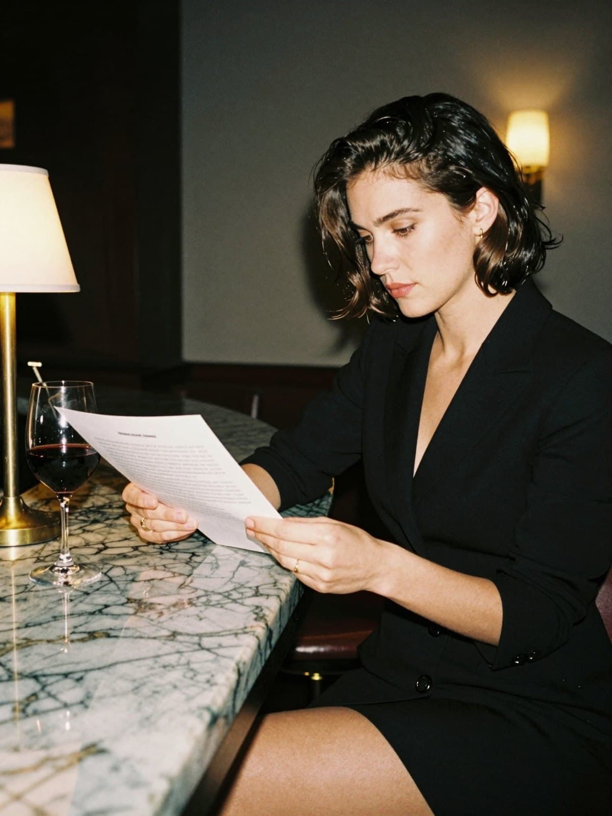 A creator in a black blazer dress reading a printed statement at a marble hotel bar