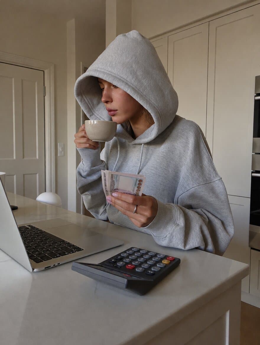 A creator in a hoodie at a kitchen counter with coffee, banknotes and a calculator